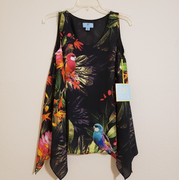CeCe Tops - CeCe Tropical Bird Sleeveless Black Tank Blouse